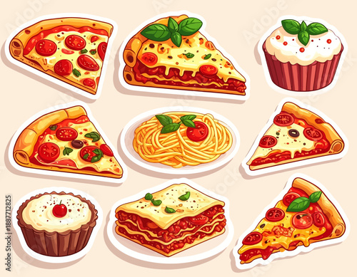 Assorted Italian food illustrations including pizza, lasagna, and pasta displayed on a light background from a straightforward viewpoint