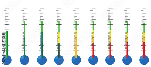 Colorful thermometer scale set showing temperature levels from low to high vector infographic illustration