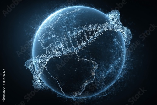 Visual of a glowing DNA strand circling the Earth in a dark space setting with bright particles