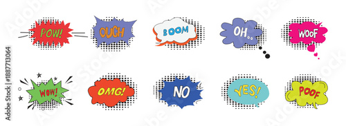 Hand drawn Comic speech bubbles colored textured set, with Pop Art Sound Effects”
