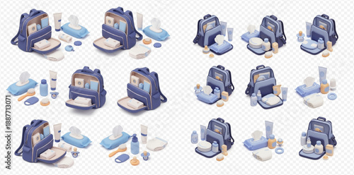 Isometric set of baby diaper bags and care products for newborns on a transparent background.