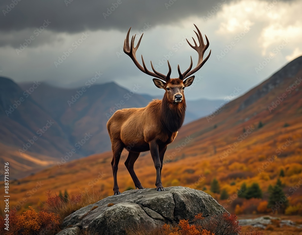 Fototapeta premium Majestic highland stag stands on rocky outcrop. Autumnal hills in background. Large antlers frame animal. Wild, untamed nature scene in scotland. Creature poses proudly.
