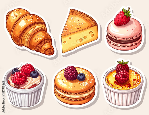 Assorted pastries and desserts, including croissants, cakes, and puddings, topped with fruits, presented in a visually appealing arrangement.