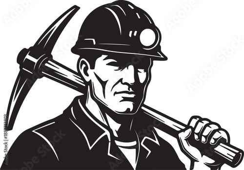 gritty miner portrait powerful black and white illustration for mining industry safety campaigns or labor day designs