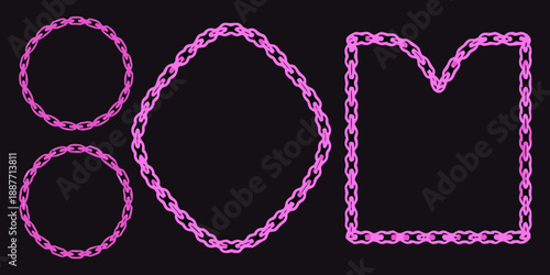 Pink chain links forming circular and rectangular shapes against a black backdrop