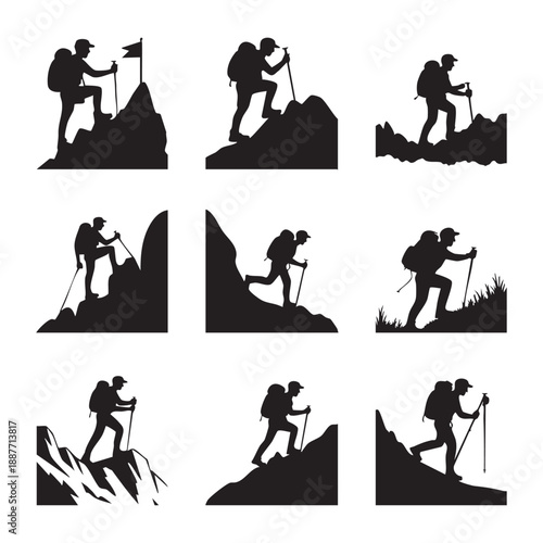 Black silhouettes of hikers climbing mountains with trekking poles