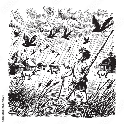 Boy with fishing pole in rain near huts and water buffaloes storm