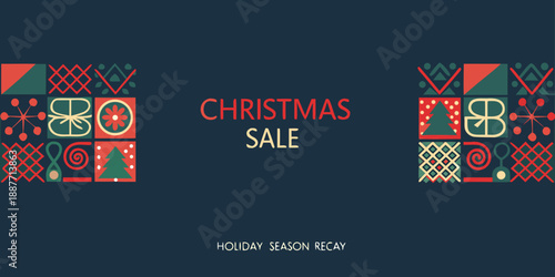 Festive christmas sale banner with geometric patterns and holiday season recay text