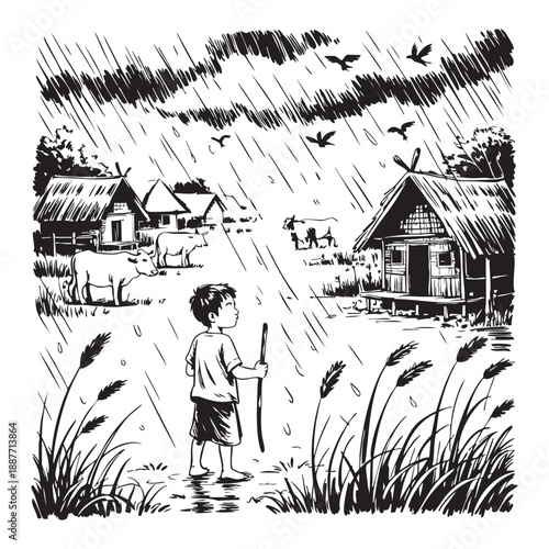 Boy with stick in rain near thatched huts and cows in a village child storm