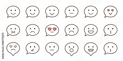 A collection of simple black and white facial expression icons in speech bubbles