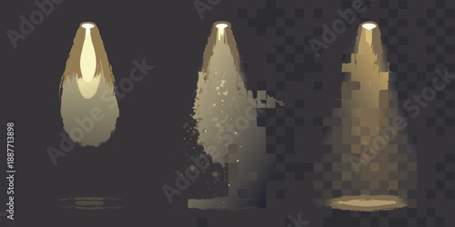 Three illuminated spotlights shine down from a dark background
