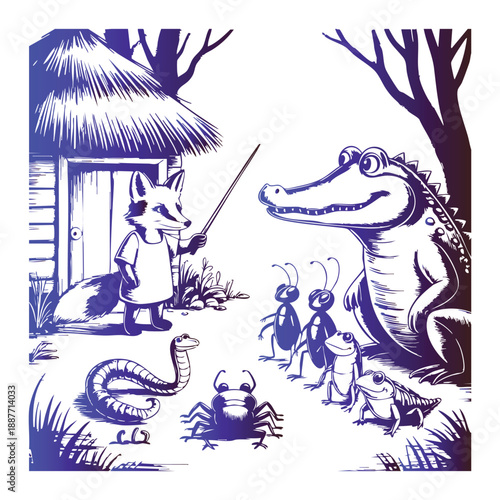 Fox teaching animals in a forest clearing with thatched hut alligator snake frog spider