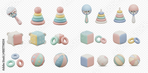 Set of 3D rendered baby toys including rattles, stacking rings, blocks, and balls in pastel colors.