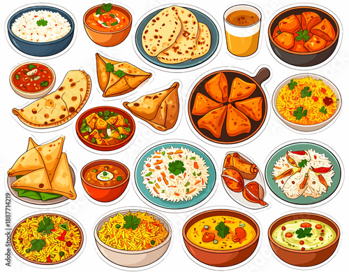 Assorted international cuisine dishes displayed on a clean white background, showcasing various food items