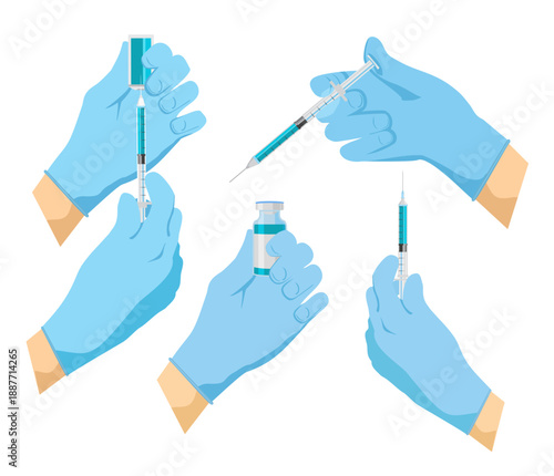 Doctor, nurse, scientist, researcher hand in blue gloves. Vaccination shot, medicine and drug concept. Vaccination concept. Doctor hands making an injection. Vaccinations, blood draws, or injections