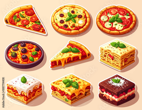 Assorted pizzas and lasagna desserts displayed on a flat surface from a top-down viewpoint