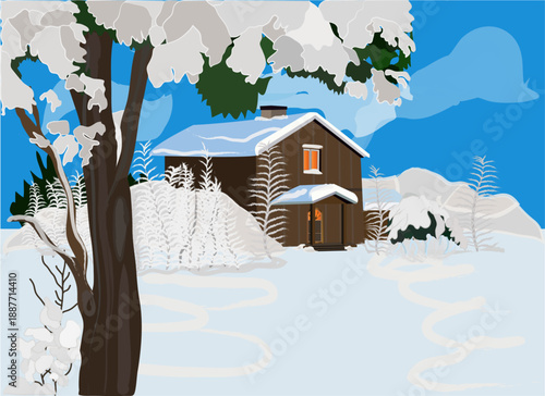 House surrounded by ice snow covered trees, and snowy ground.eps