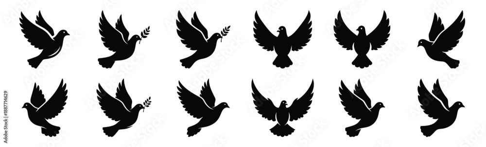 Obraz premium Easter peace dove Silhouette vector icon set. Easter vector icons on white background and Vector illustration.