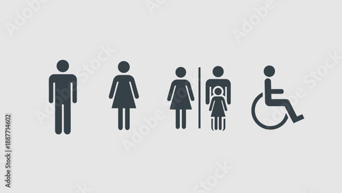 Restroom Symbols for Men Women Children and Disabled Access.