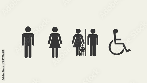 Public restroom signs for men women family and disabled access.