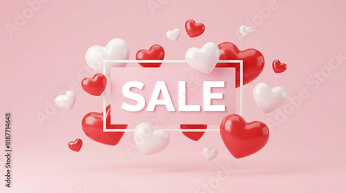 3D Valentine's Day sale banner with red and white hearts on pink background.