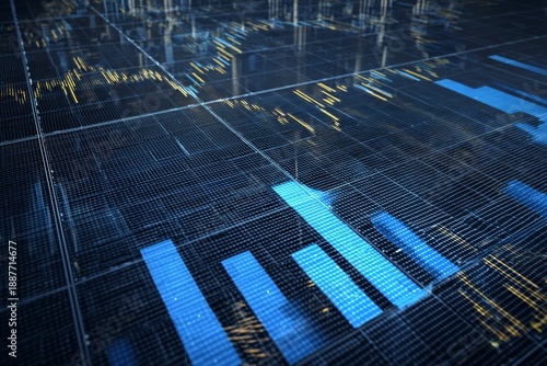 Data visualization of stock market trends with graphs and charts in a digital format from a close view