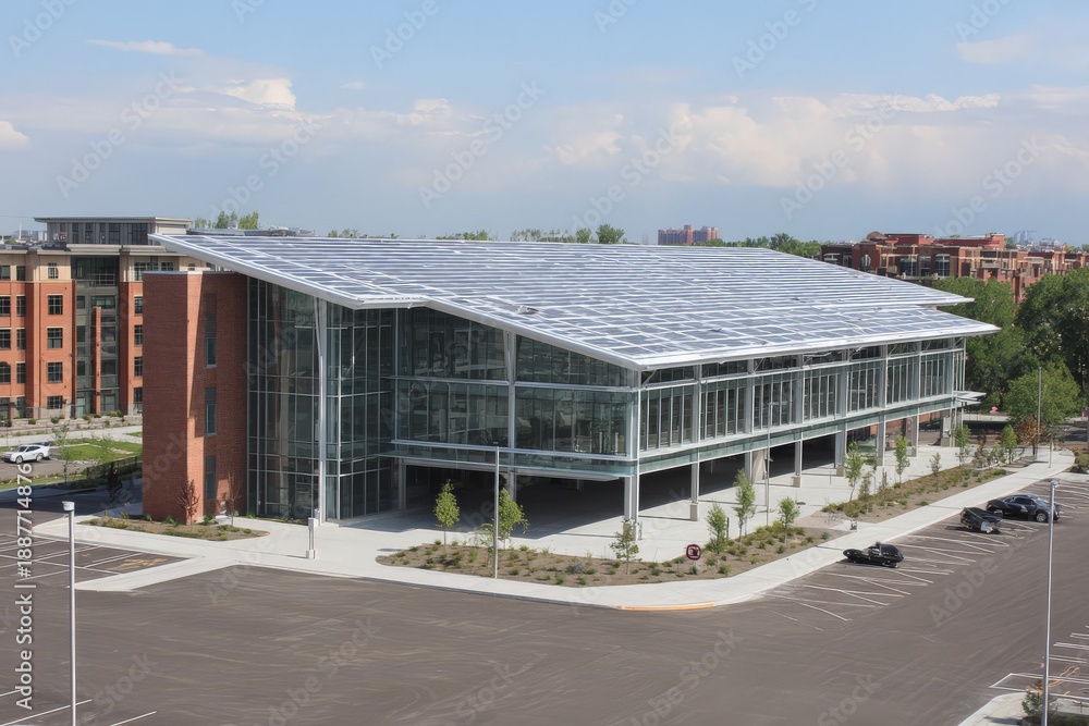 Obraz premium Modern building with solar panels and large glass windows located in a city space under a clear blue sky