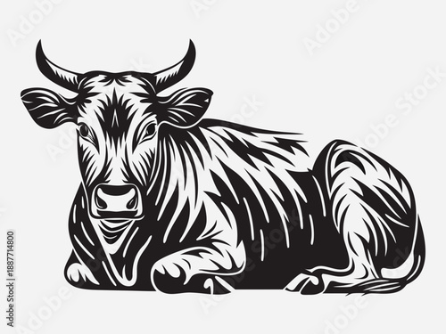 Detailed illustration of a resting bull with intricate line work and shading