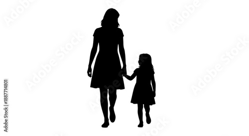 Mother and Daughter Silhouette Walking Hand in Hand.