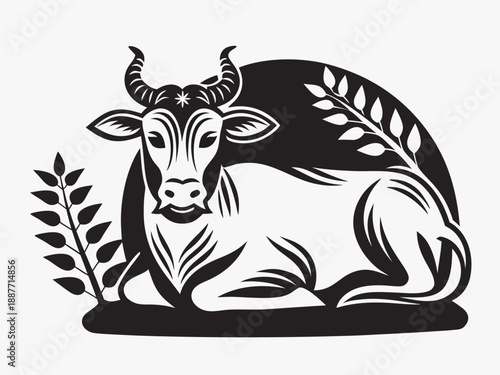 Resting cow illustration with wheat and foliage black and white graphic