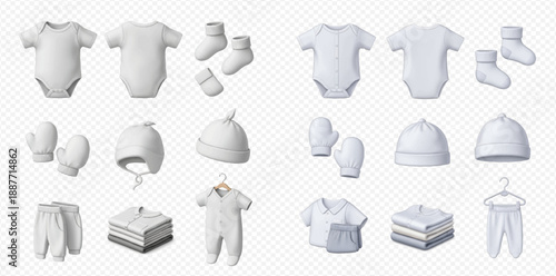 Set of white baby clothes mockups including bodysuits, socks, mittens, hats, pants, and rompers on a transparent background.