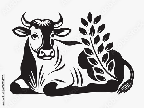 A striking black and white illustration of a cow and wheat stalks