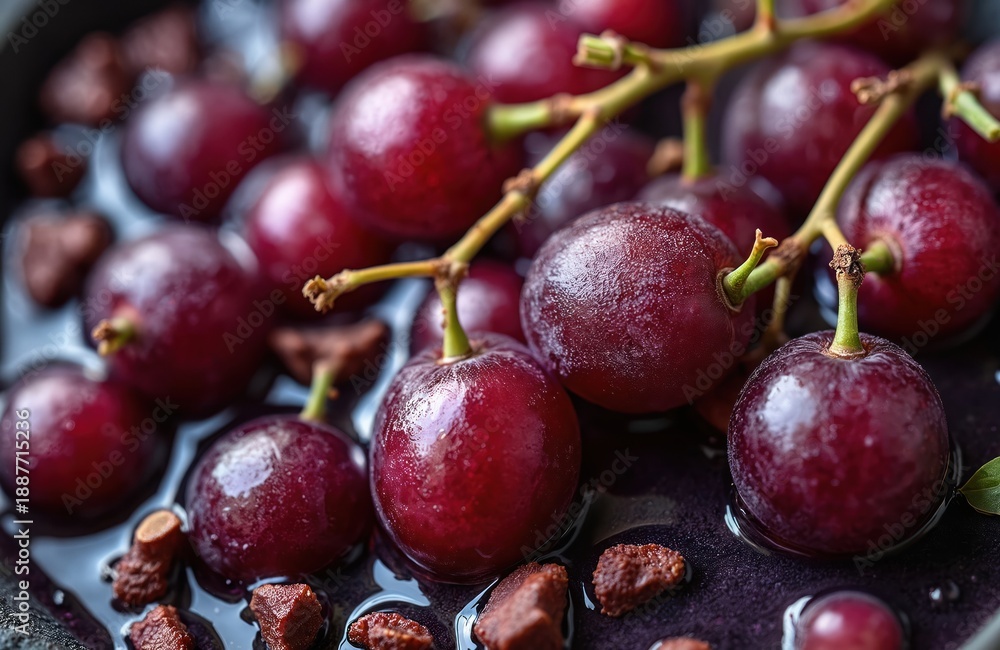 Fototapeta premium Dark red ripe grapes submerged in rich juice with bits of grape skin. Tiny stems and parts of the vine are visible in this close-up view of fruit production.