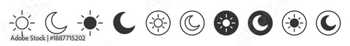 Sun and Moon Icon set. Day and Night Time Symbols. Weather and Light Mode Collection, vector Illustration.