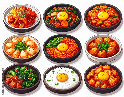 Assorted Korean Dishes on Plates, Featuring Meatballs and Noodles, Top-Down View of Various Culinary Delights