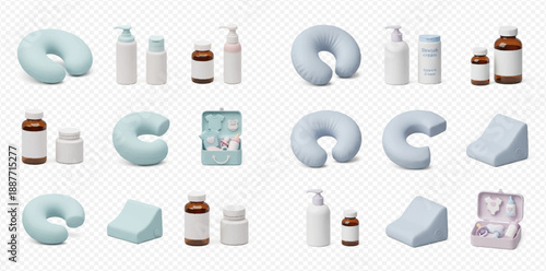 Set of travel essentials including neck pillows, cosmetic bottles, and medicine containers for comfortable journeys.