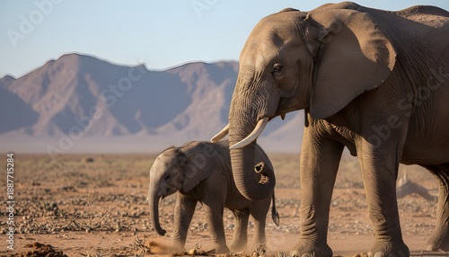Close up of Desert elephants (Loxodonta africana) search for food in Namibia
