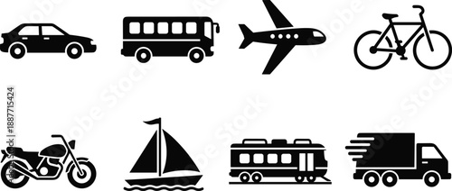 Transport icon set with car, bus, airplane, bicycle, motorcycle, sailboat, train, and truck, black vector illustration for travel design
