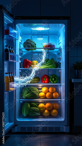 Open refrigerator with fresh vegetables and dynamic water splash in blue light