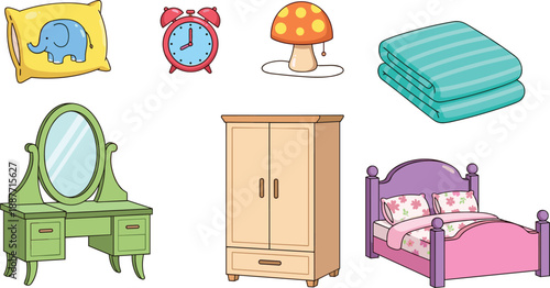 Cartoon bedroom furniture, bed, pillow, alarm clock, lamp, blanket, vanity table, wardrobe, cozy decor, vector illustration, playful interior items