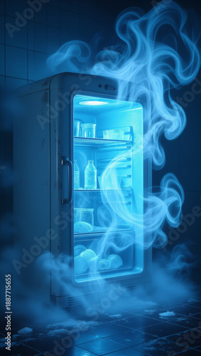Open refrigerator with intense blue light and thick cold vapor mist in dark room