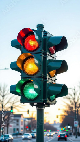 Traffic light against a city sunset background