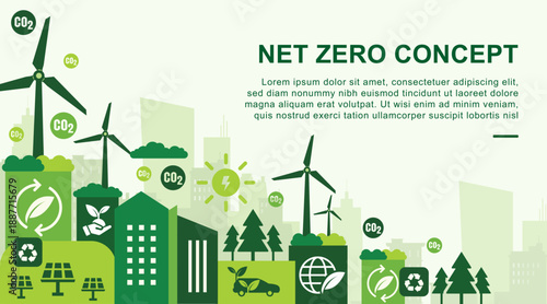 Net Zero Carbon Neutral Concept Illustration with Green City and Sustainable Environment