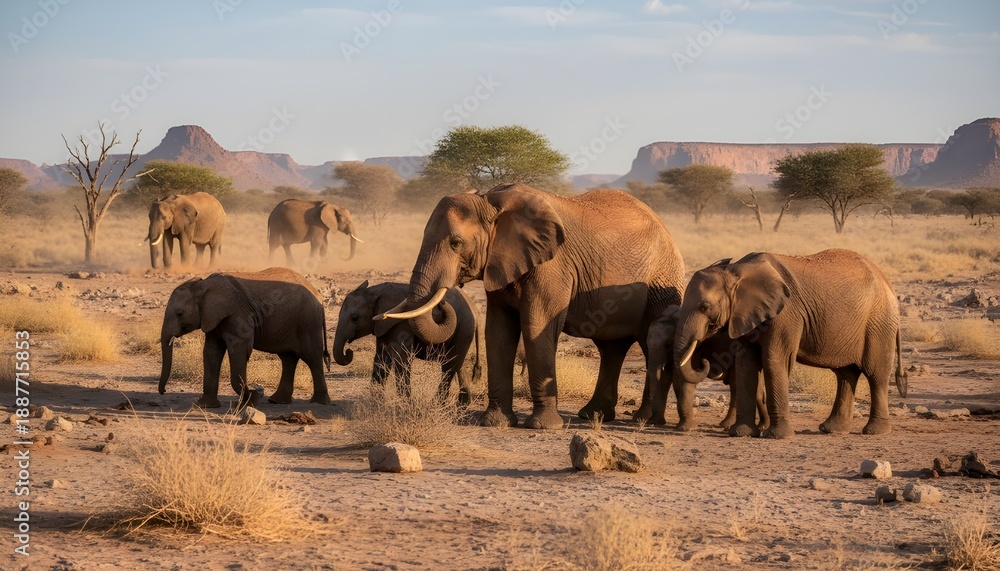 Fototapeta premium A herd of Desert elephants (Loxodonta africana) search for food in Namibia