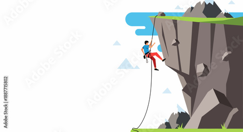 Courageous Rock Climber Rappelling Down Steep Mountain Cliff