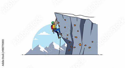 Extreme Athlete Rock Climbing on Vertical Cliff with Safety Gear
