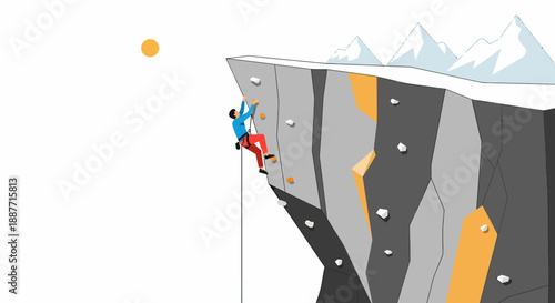 Professional Male Climber Ascending Steep High Altitude Rock Face