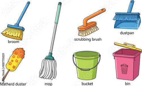 Cartoon cleaning tools, broom, mop, bucket, dustpan, scrubbing brush, feather duster, bin, labeled equipment, household hygiene icons, vector illustration