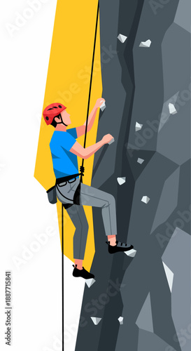 Side View of Male Rock Climber Navigating Steep Cliff Face