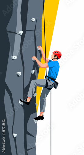 Skilled Climber Ascending Rugged Rock Formation in the Mountains